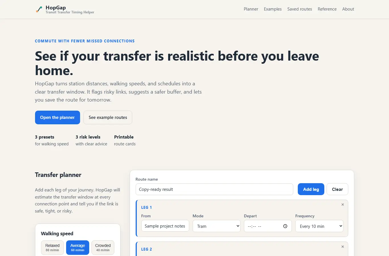 Screenshot of HopGap: Transit Transfer Timing Helper interface showing the project page in use